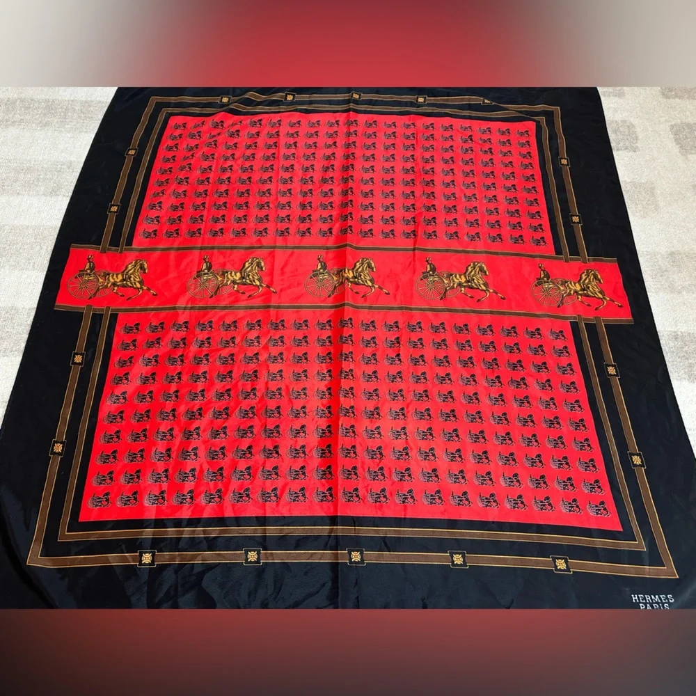Vintage Hermes Paris Silk Horse and Carriage Scarf Red and Black